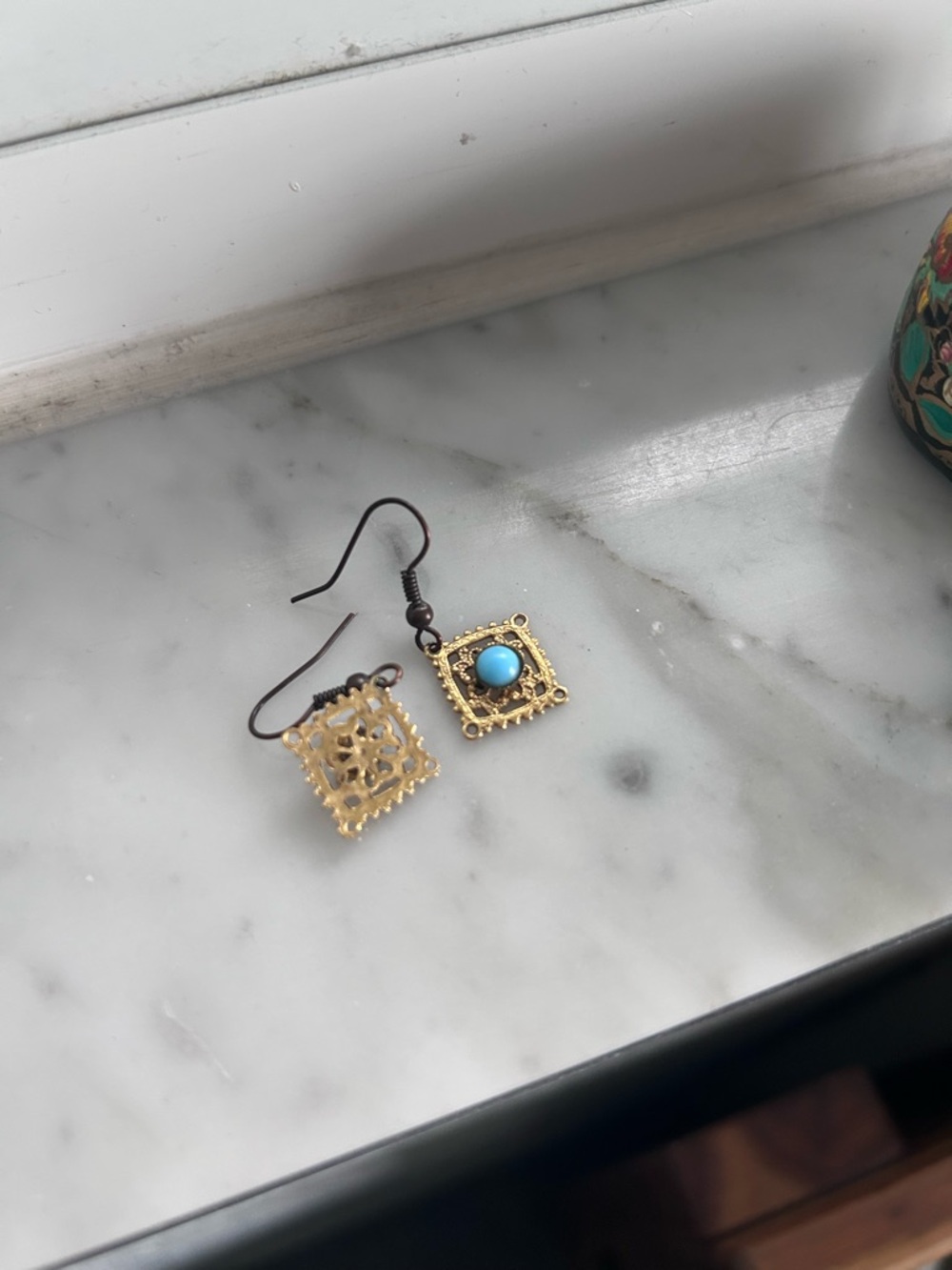Gold-Tone Filigree Square Earrings with Turquoise Accent - Women Jewelry